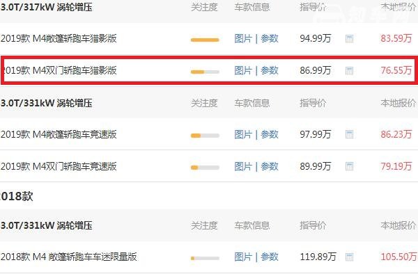 宝马m4最低多少万落地 宝马m4最低落地价为85.6万